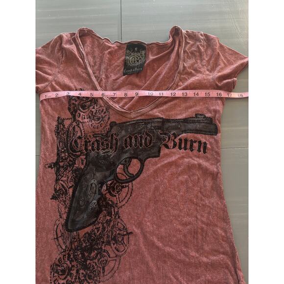 Crash and Burn Deep Vneck Embellished Gun Y2k Womens Size Small - Picture 3 of 5